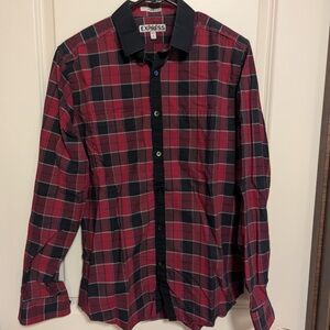 Express Men’s 15-15.5 Fitted Red Black Plaid Long Sleeve Size M